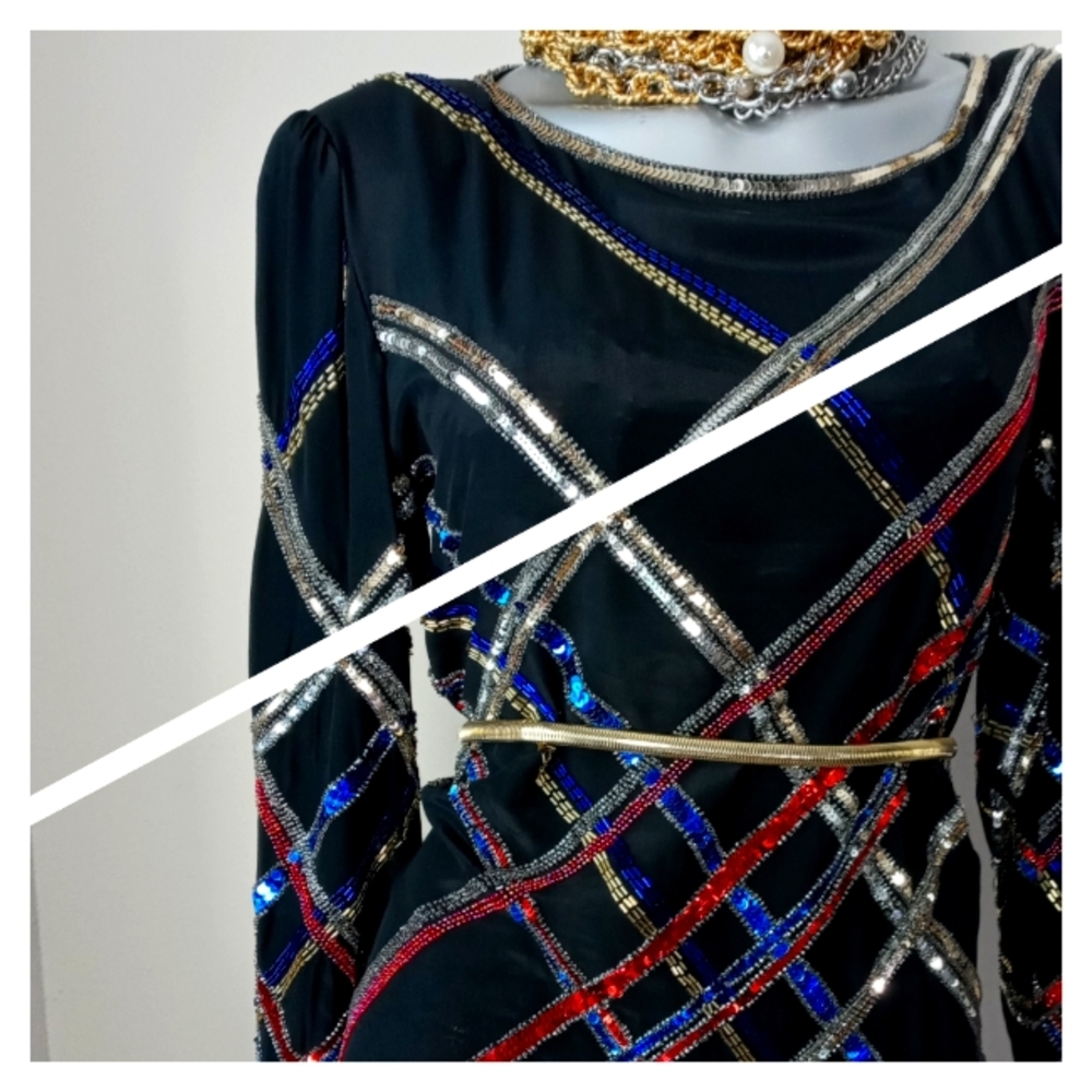 "ARGENTI" VinTage 100% Silk Sequins & Beads Cocktail Top - Picture 6 of 16
